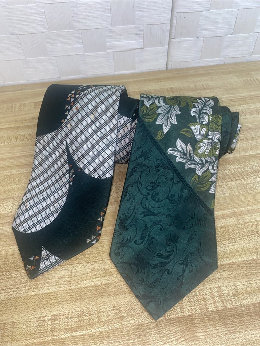 Vtg 70s 2 Don Loper Polyester Geometric Floral Brocade Ties Neckties USA Made